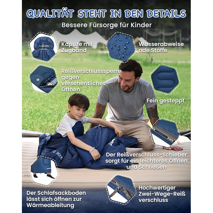 Спальний мішок дитячий KingCamp Flannel, 7°C, Navy, для дітей до 140 см, 4 сезони, водонепроникний, компактний