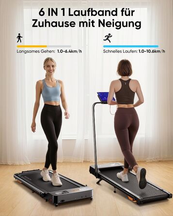 Біговий тренажер 6-в-1 для дому, складаний, з регулюванням нахилу 10% та ручками. Макс. вага 135 кг, LED-дисплей, пульт ДУ та додаток. Без встановлення (Чорний/Помаранчевий)