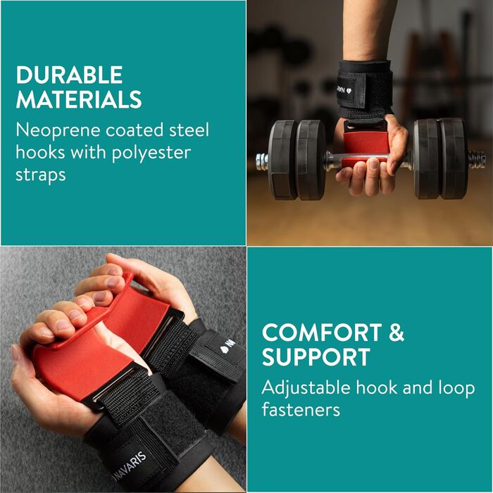 Набори для тренувань Navaris з гачками для силових тренувань - Захист суглобів, набори для фітнесу, бодібілдингу - Професійні ремені для важкої атлетики з металевими гачками (червоний)