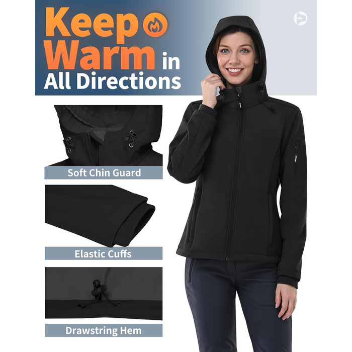 Жіноча водонепроникна мембранна куртка Outdoor Ventures Softshell — дихаюча вітрозахисна функціональна куртка з капюшоном, XL, чорна