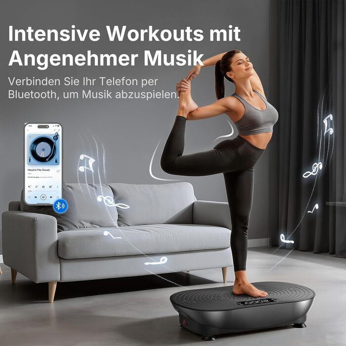 Вібраційна платформа MERACH для тренувань та формування тіла, 99 рівнів швидкості, Bluetooth, LED-дисплей, еластичні ремені, чорний