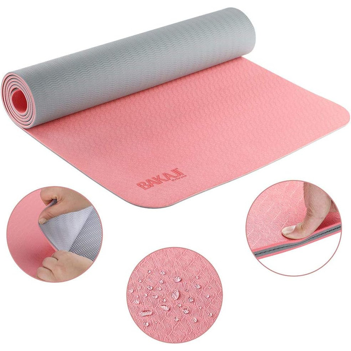 Йога мат BAJAJI: двошарова, неслизька, для фітнесу, тренувань, фітнес-клубу, 180x61 см з сумкою (рожевий/сірий)
