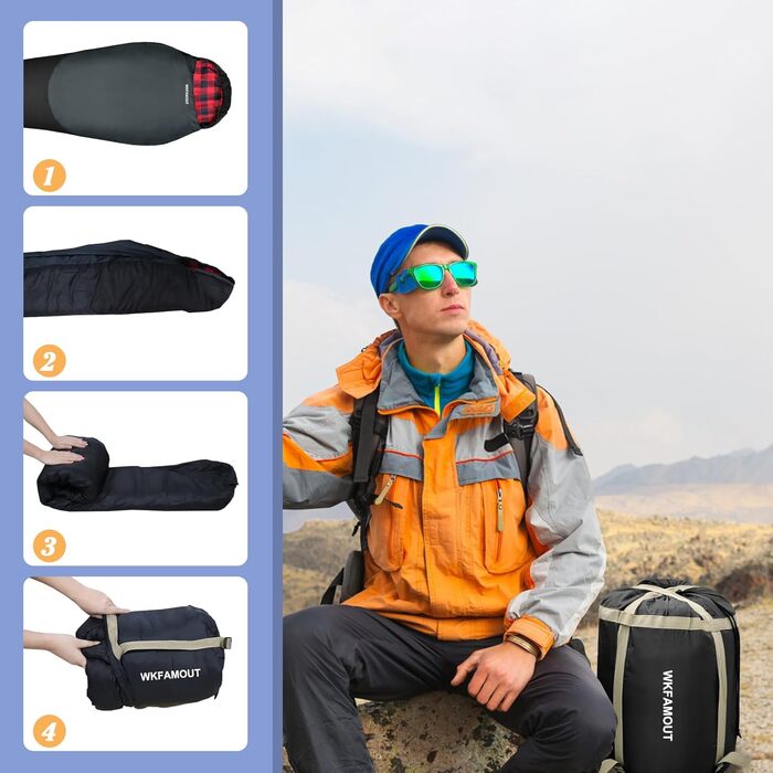 Спальний мішок WKFAMOUT Mumienschlafsack Outdoor -12°C-0°C, 500GSM, фліс, 3-4 сезони, для дорослих та дітей, чорний