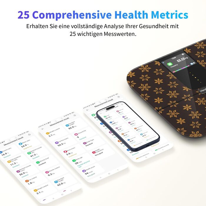 Розумна вага Healthkeep з Bluetooth, TFT-дисплеєм і ITO, 25 параметрів тіла, вимірювання пульсу, додаток для Android/iOS, до 180 кг, чорний мармур