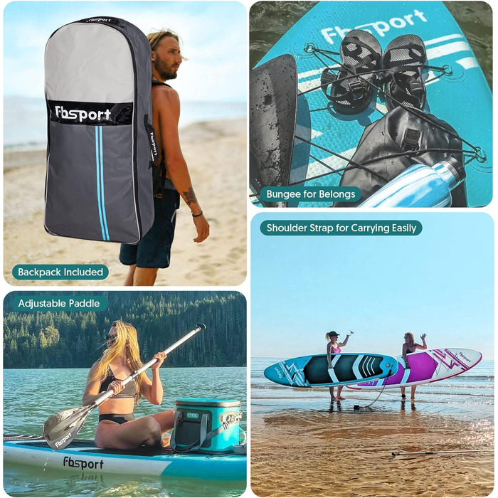FBSPORT Стендап-борд (SUP) 11 футів Преміум, для йоги з аксесуарами та сумкою | Широка стійка, контроль на хвилях, неслизьке покриття, страховка, весло та насос для юніорів та дорослих (Eisblau)