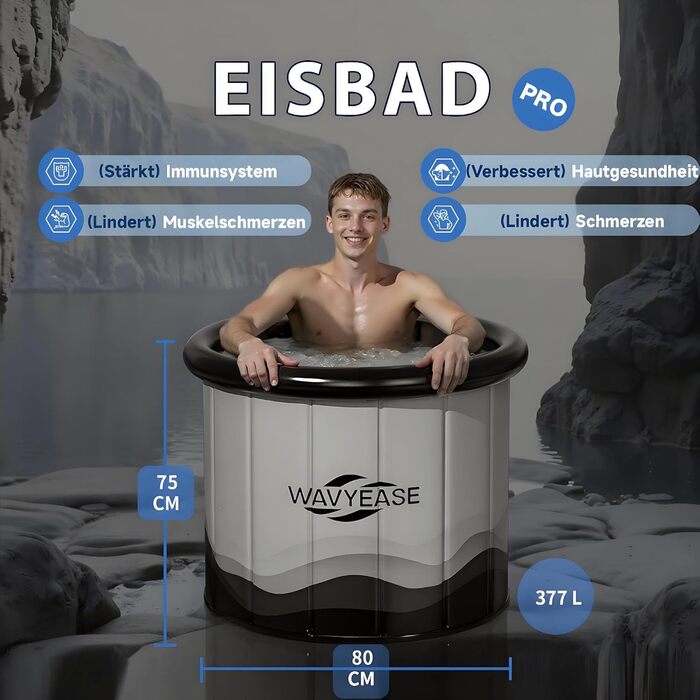 Зручна складана ванна для крижаних ванн | Ø80 x 75 см | Для спортсменів та дорослих | Ізольована крижана ванна (Сірий)