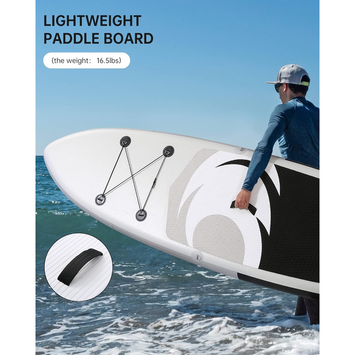 Надувне SUP дошка BODIOO для веслування, йоги, риболовлі. Комплект з аксесуарами: насос, весло, лінія, рюкзак. Підходить для дорослих, молоді та дітей. Білий колір.