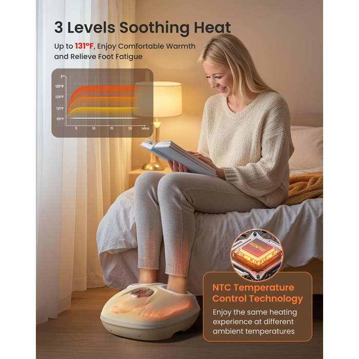 Масажер для ніг RENPHO з підігрівом, Shiatsu масажер для ніг при п'яткової фасції, подарунок на Різдво для жінок та чоловіків, бездротове керування, голосове керування (Новинка), Бежевий