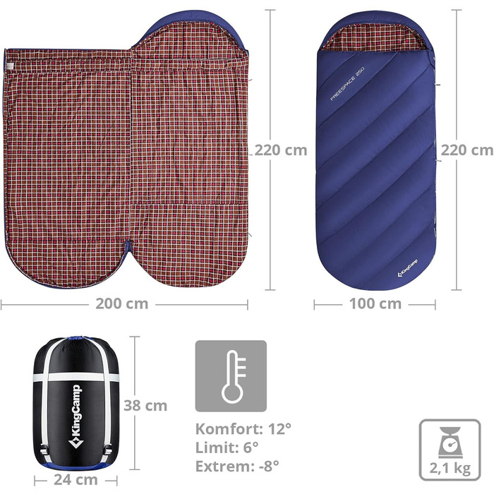 Сплячий мішок KingCamp Freespace 250 Winter -8°C, широкий, з бавовни, блакитний