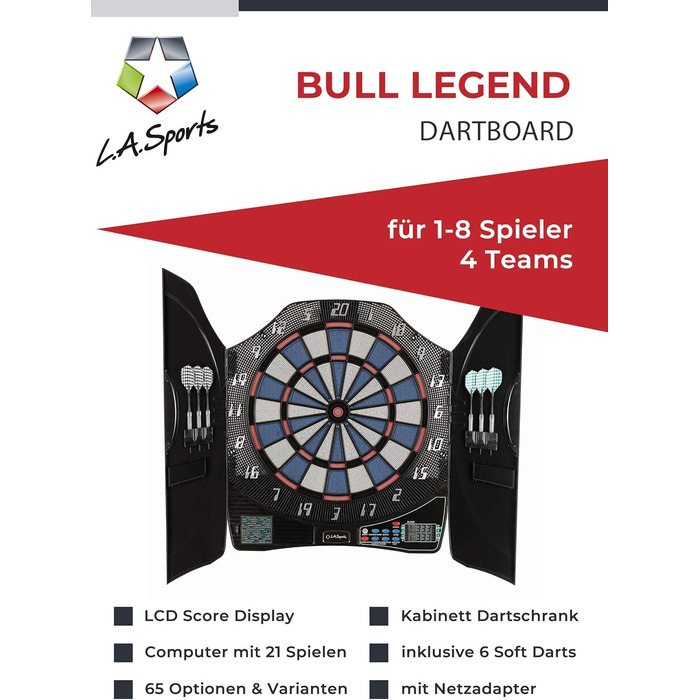 Електронна дартс-мішень Bull Legend у шафі для 1-8 гравців із софт-дарами та адаптером