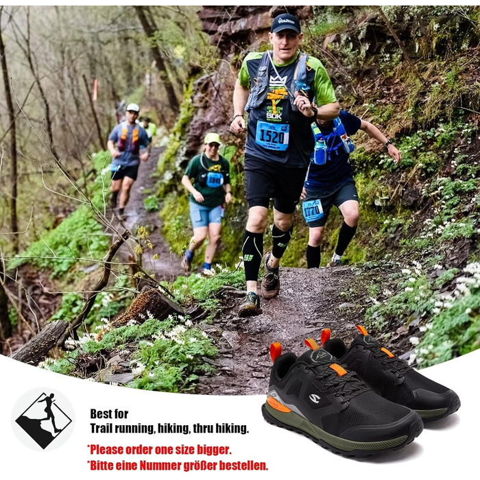 Чоловічі трейлові кросівки HOBIBEAR для трейлраннінгу, трекінгу та хайкінгу. Широка передня частина, не слизька підошва, чорний колір, 44 EU