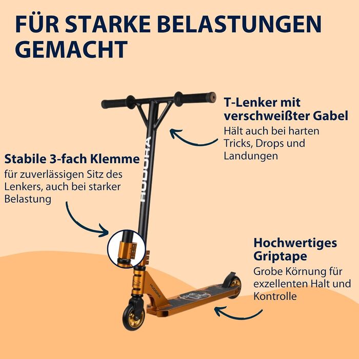 Скутер HUSORA XR-25.1 для трюків та міста: 360° кермо, ABEC 9 підшипники, золотий