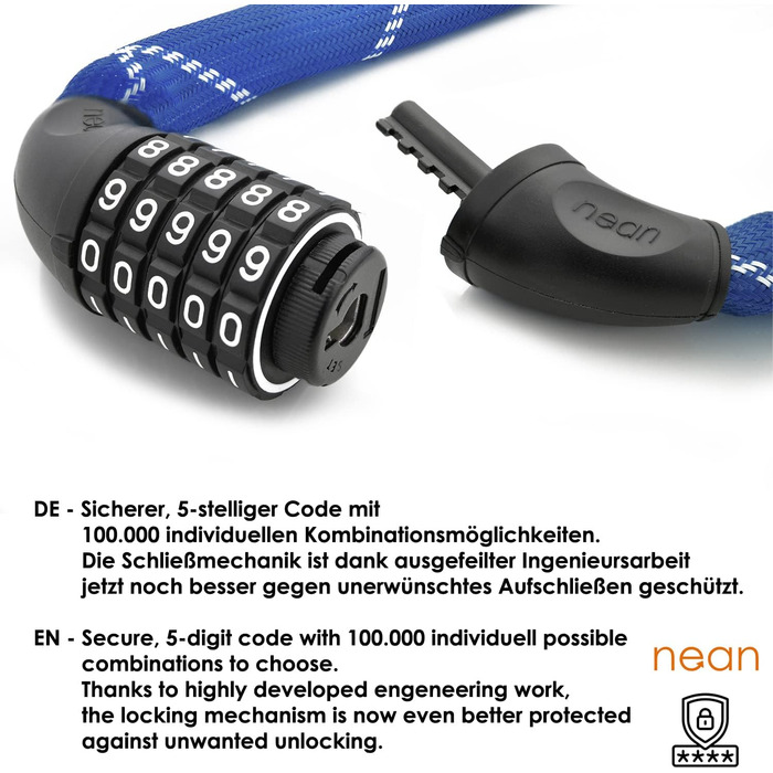 Надійне велозамок Nean з кодом, 6x6x900 мм, сталевий ланцюг, синій