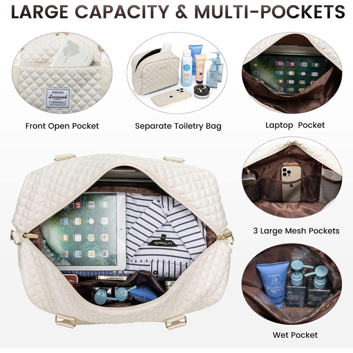 Спортивна сумка LOVEVOOK для жінок: велика дорожня сумка-мішок з косметичкою, відділенням для взуття та мокрих речей. Ідеальна для подорожей, клініки, пологів, вихідних. Водостійка сумка ручної поклажі для літака. 2 шт. Бежевий колір.