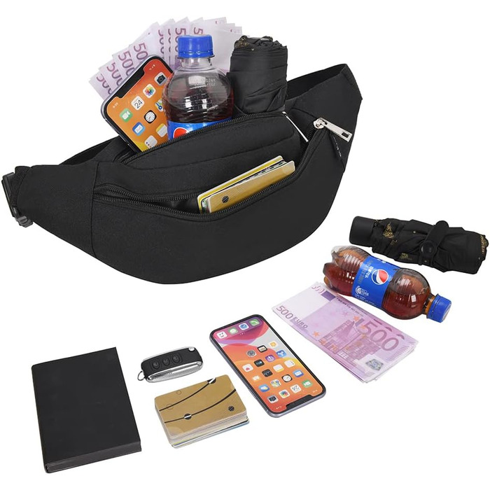 Сумка на пояс Bauchtasche унісекс: спортивна, для телефону, грошей, фітнесу, велосипеда, кемпінгу - чорна 33x6.5x14 см