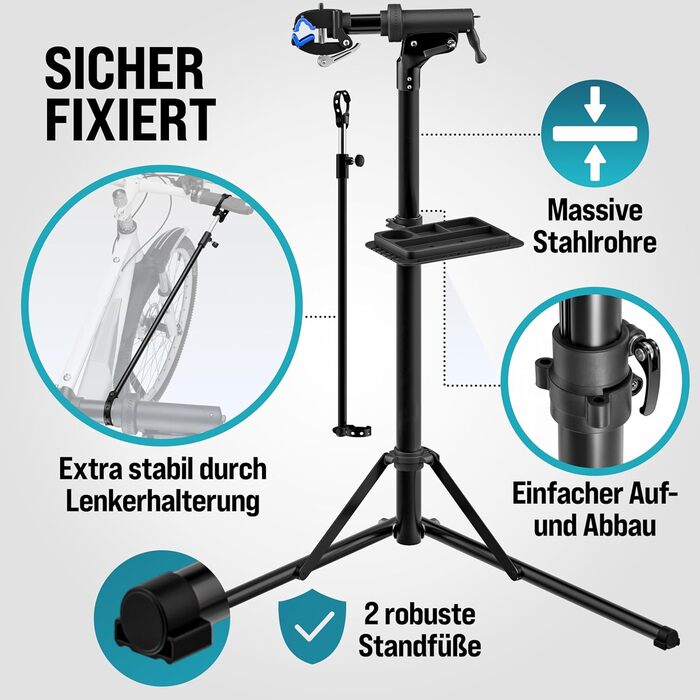 Підставка для збирання велосипедів Monzana® Profi: сталева, складна, регульована по висоті, 50 кг, для E-bike, з органайзером для інструментів та мішком для багажу