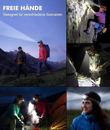 LED налобний ліхтар з акумулятором, [надзвичайно яскравий] з датчиком та червоним світлом, 6 режимів освітлення & IPX4 водонепроникність, 2000mAh, тривалий час роботи, для кемпінгу, риболовлі, походів, нічного бігу