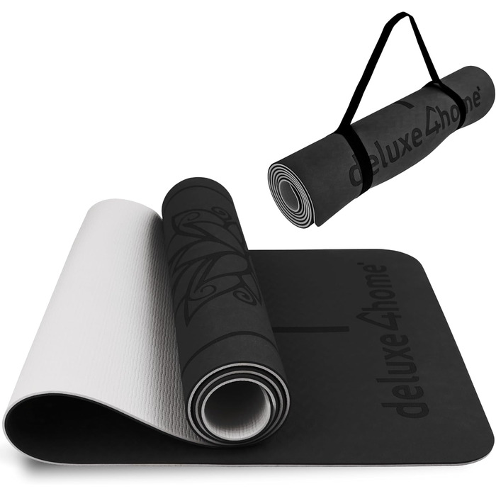 Килимок для йоги та фітнесу deluxe4home, нековзкий, з ременем для перенесення, для пілатесу і тренувань, з лініями вирівнювання, чорний