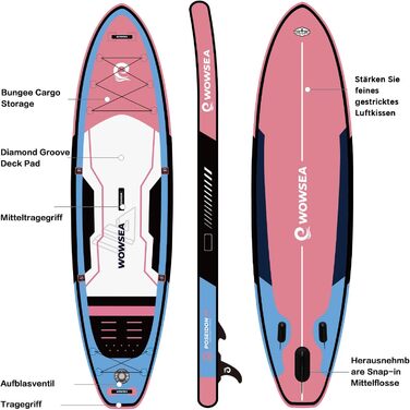 WOWSEA Надувна SUP-дошка для туризму і відпочинку, міцна та стійка, комплект із подвійною або потрійною насосною системою, веслом з фібергласу, страховочним шнуром та аксесуарами