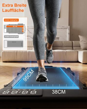 Складана бігова доріжка MJWW Raceable Walking Pad з нахилом 6-9%, 3.0 HP, керування через додаток, AI-тренування, LED-дисплей, для дому та офісу (Чорна, 95 см)