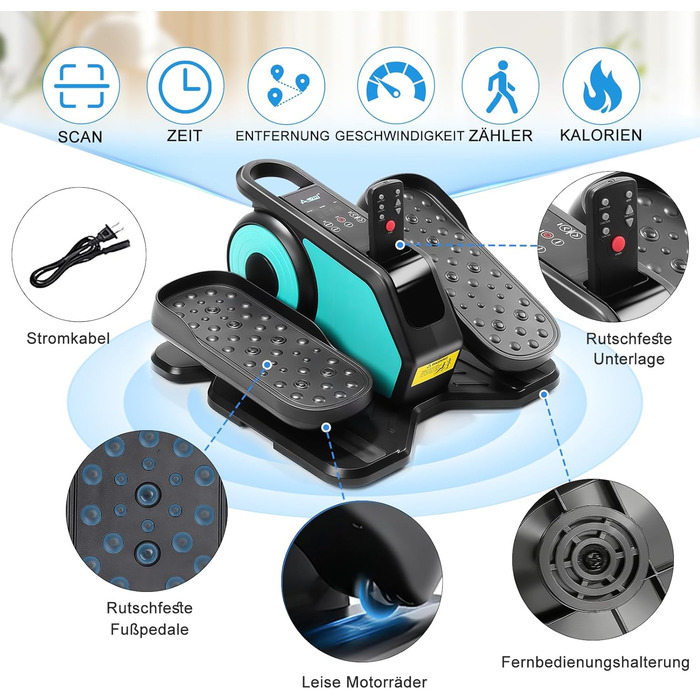 Еліптичний тренажер під стіл EM-03: електричний велотренажер для сидіння з пультом, міні-степер, регульована швидкість, для людей похилого віку та дорослих (блакитний)