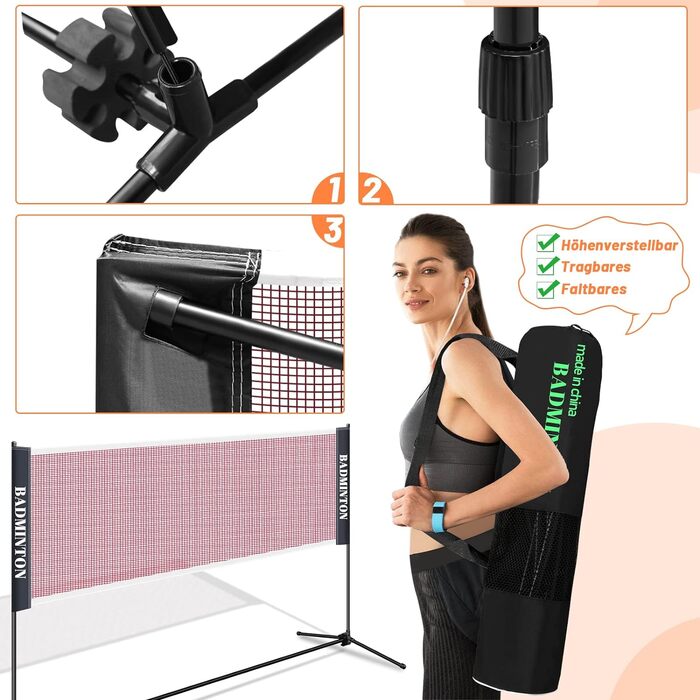 Мережа для бадмінтону та тенісу Icodm портативна, з регульованою висотою, складана для саду, приміщення, вулиці - 3.1 м