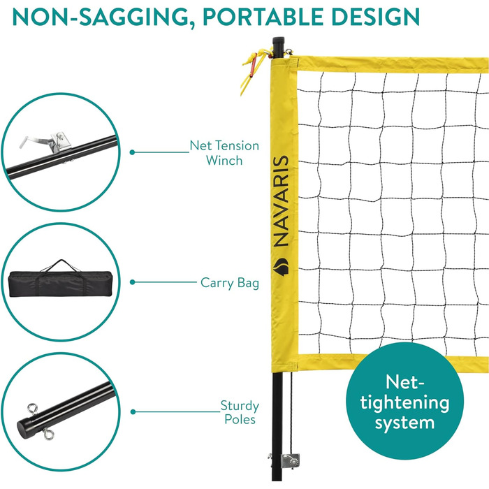 Набір для волейболу Navaris - мережа, м'яч, насос, сумка. Ідеально для пляжного волейболу, саду та тренувань на відкритому повітрі. Легкий монтаж.
