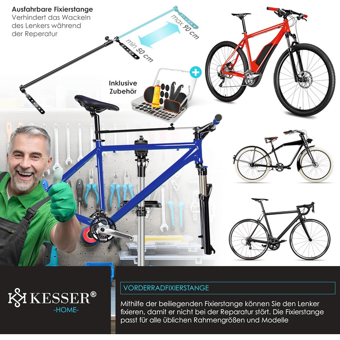Підставка для збирання велосипедів KESSER® Profi Alu: міцна, 360° обертання, для гірських, електровелосипедів та ремонту. У комплекті сумка, ремкомплект та магнітна підставка для інструментів.