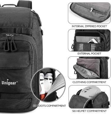 Рюкзак для гірськолижного спорядження Unigear 50/70L з кишенею для шолома, чорний, 50/70 літрів