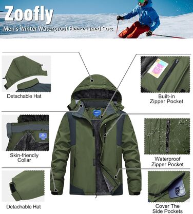 Зимова куртка для чоловіків: тепла, водонепроникна, для катання на сноуборді та активного відпочинку на природі. Зелена (армійний зелений), розмір M