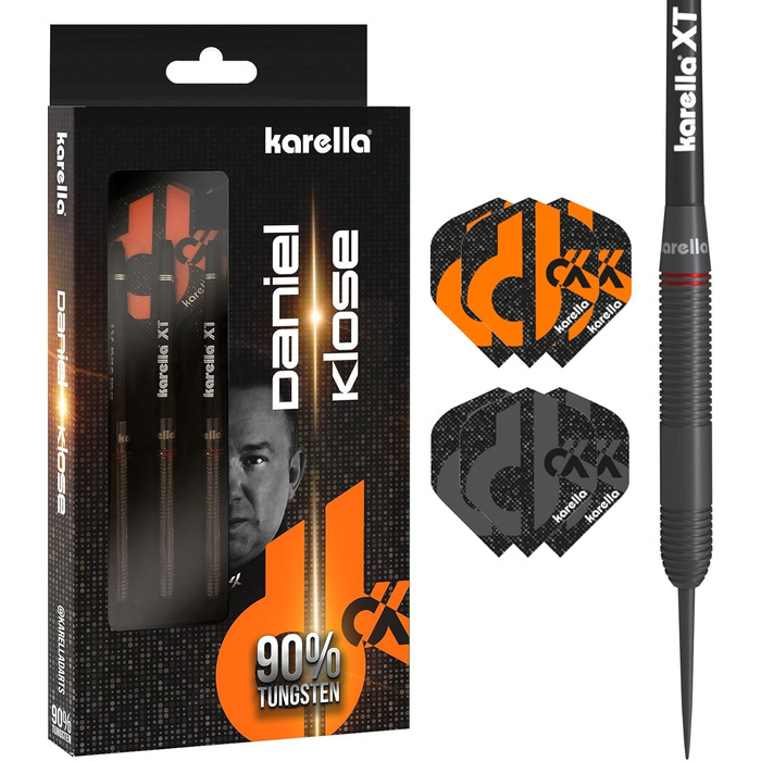Дротики Karella Steeldart Daniel Klose 90% вольфрам, 22 г, металевий наконечник, набір з 3 дротиків та 2 комплектів оперення, для класичної дартс-дошки