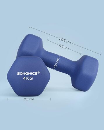 Гантелі SONGMICS 2×4 кг, шестигранні, неопрено-обробка, для силових тренувань вдома, сині