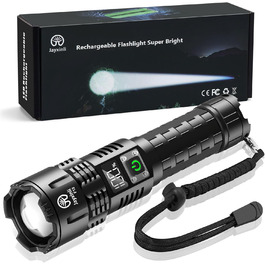 Ліхтар Jayxinli 500000 Люмен, акумуляторний, надпотужний, з регулюванням фокусу, 3 режими, тактичний, для кемпінгу, надзвичайних ситуацій та повсякденного використання, чорний