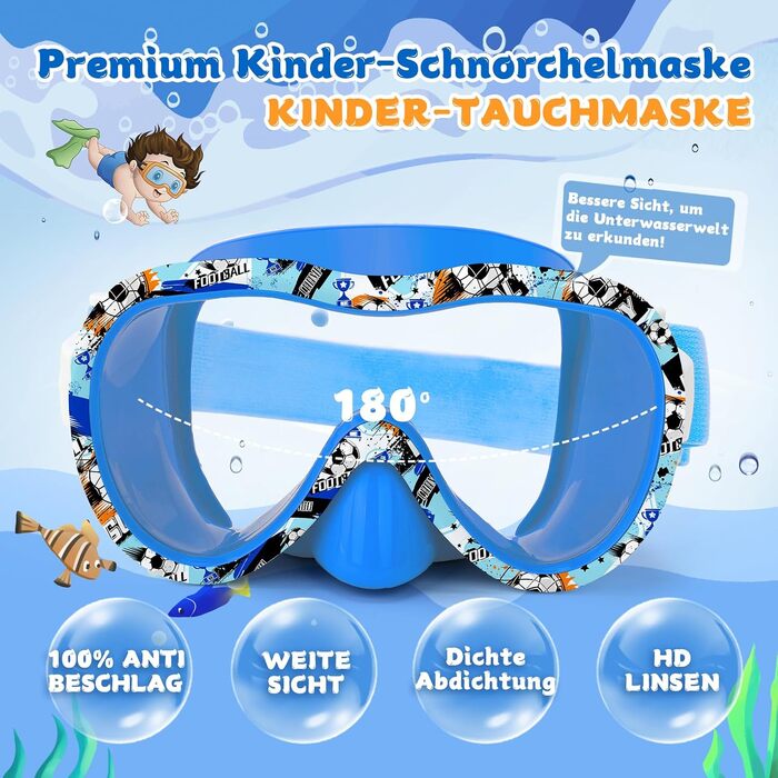 Дитячі окуляри для плавання WAVE Kinder (футбол, блакитні) з антифог покриттям та маскою для снорклінгу, UV-захист