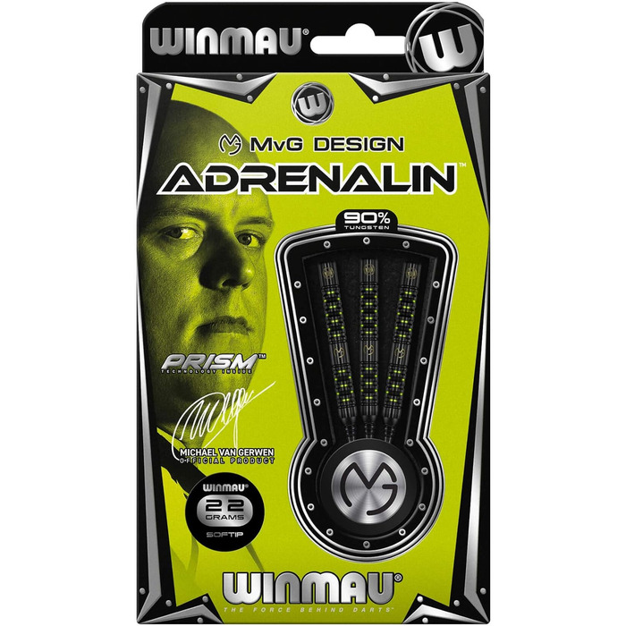 Дротики WINMAU Michael Van Gerwen MvG Adrenalin 22 г професійні, вольфрамові, з м'яким наконечником, комплект з оперенням і стрижнями