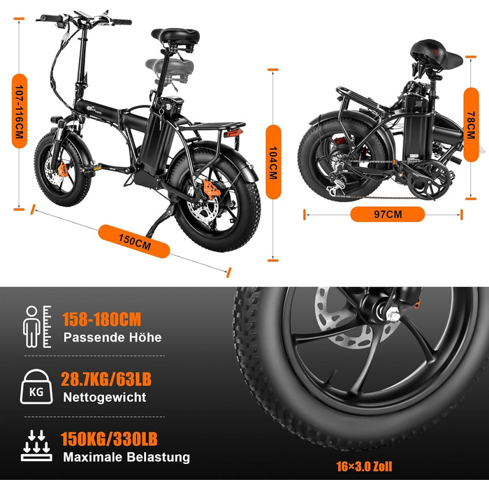 Електровелосипед Skivogr 16'' складаний для чоловіків і жінок, 48V/18Ah, фетбайк з 3.0'' шинами, 250W, 25 км/год, гідравлічні дискові гальма, кольоровий дисплей, 3 режими їзди