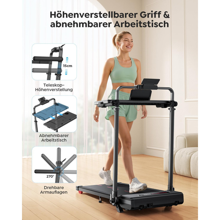 Складана бігова доріжка для дому з нахилом 7%, Walking Pad до 12 км/год, з регульованим поручнем та знімним робочим столом, двигун 3.0 к.с., керування через додаток та пульт, червоно-чорна