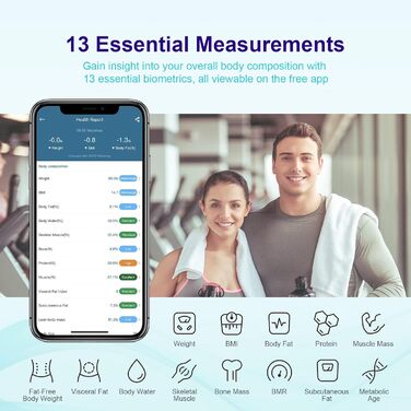 Ваги GRIFEMA Digitale Personenwaage з вимірюванням жиру та м'язової маси, Bluetooth, для BMI, протеїну, чорного кольору. Підключення через додаток.