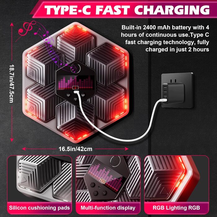 Музична боксерська машина для дорослих - 16 швидкостей, 14 режимів, Bluetooth, LED-підсвічування, з підрахунком ударів