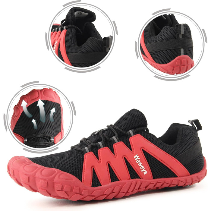 Жіночі кросівки для тренувань Weweya: мінімалістичні бігові кросівки barefoot з широкою передньою частиною (40 EU, чорний/червоний, регульований язик)