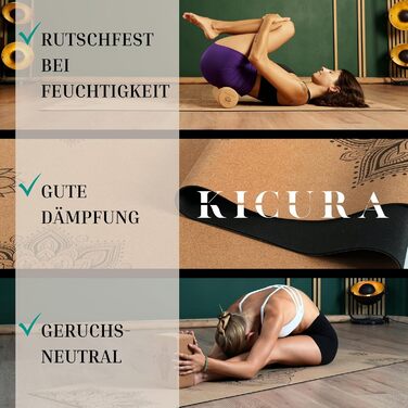 Йога-мат Kicura з корку та натурального каучуку з дизайном слона – неслизька преміум-мат, 4 мм, з ремінком – екологічна, 3 розміри (M, L, XL) (M - 173x61x0,4 см)