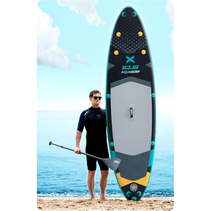Надувний SUP Neo-Sport - комплект для сапбордингу з аксесуарами (насос, весло, страхувальний трос, рюкзак) - 320 см, Aquasurf 10.6, темно-синій та жовтий