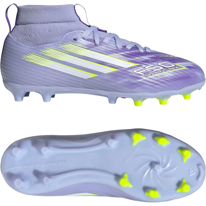 Дитячі футбольні бутси adidas F50 SPARKFUSION League W для штучного та твердого покриття, розмір 31.5 EU, фіолетовий, лимонний, пурпурний кольори