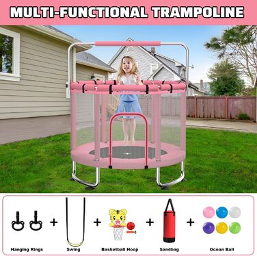 Дитячий батут з сіткою безпеки, регульованою перекладиною та гойдалкою, для хлопчиків та дівчаток 3-6 років (Рожевий)