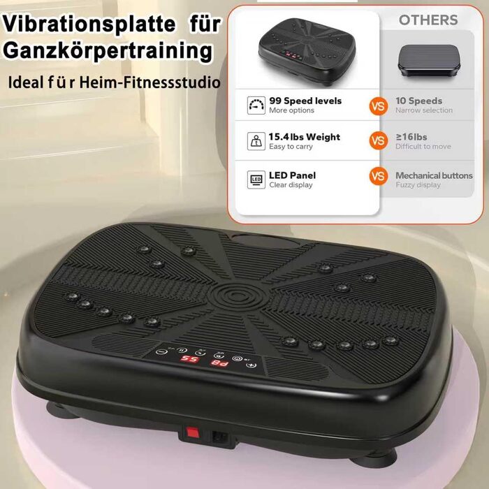 Вібраційна платформа для дому, 99 рівнів інтенсивності + 10 програм тренувань, пристрій для тренування всього тіла для нарощування м'язів та спалювання жиру, в комплекті з 2 фітнес-гумками (зелений/чорний)
