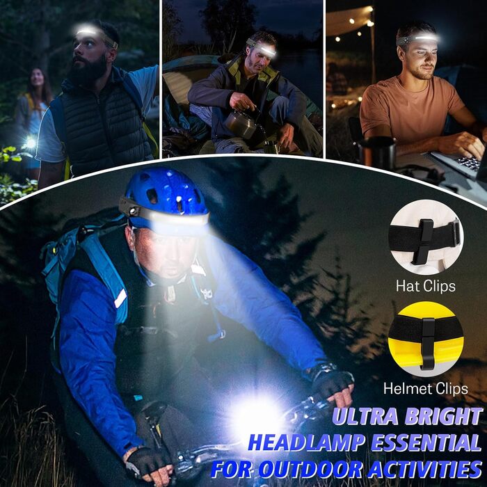 LED налобний ліхтар, перезаряджається, 2000 люменів, 5 режимів, 1200mAh, 230°, водонепроникний IPX4, для кемпінгу, бігу, риболовлі, 2 шт.