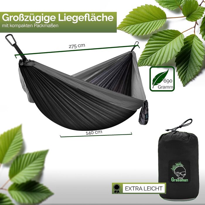 Гамак для кемпінгу на 2 особи, ультралегкий, з преміум-петлями та карабінами, блакитно-жовтий. В комплекті великий набір для підвішування (чорно-сірий, з мотузками)