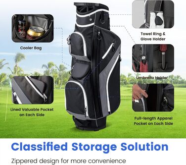 Сумка для гольфу LIFEZEAL Stand Bag сірого кольору з 14 відділеннями, підставка, ремінь, тримач для напоїв, 9 кишень, кишеня-холодильник, тримач для парасольки