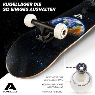 Скейтборд Apollo Earth для дітей і дорослих, 7 шарів, ABEC-7, середній конкейв, стильний дизайн