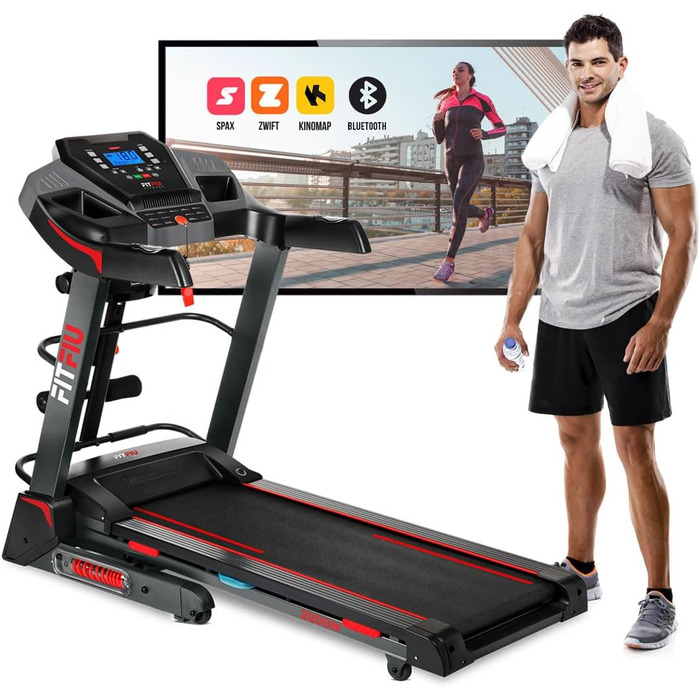 Біговий тренажер FITFIU Fitness MC-500 зі складною конструкцією, автоматичним нахилом, 18 км/год, пульсометром, Bluetooth та підключенням до додатків (Kinomap, Spax, Zwift), площа бігового полотна 41x123 см, максимальне навантаження 120 кг